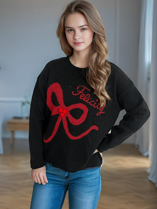 Damen kuscheliger Pullover mit verspielt gestalteter Schleifenapplikation EB