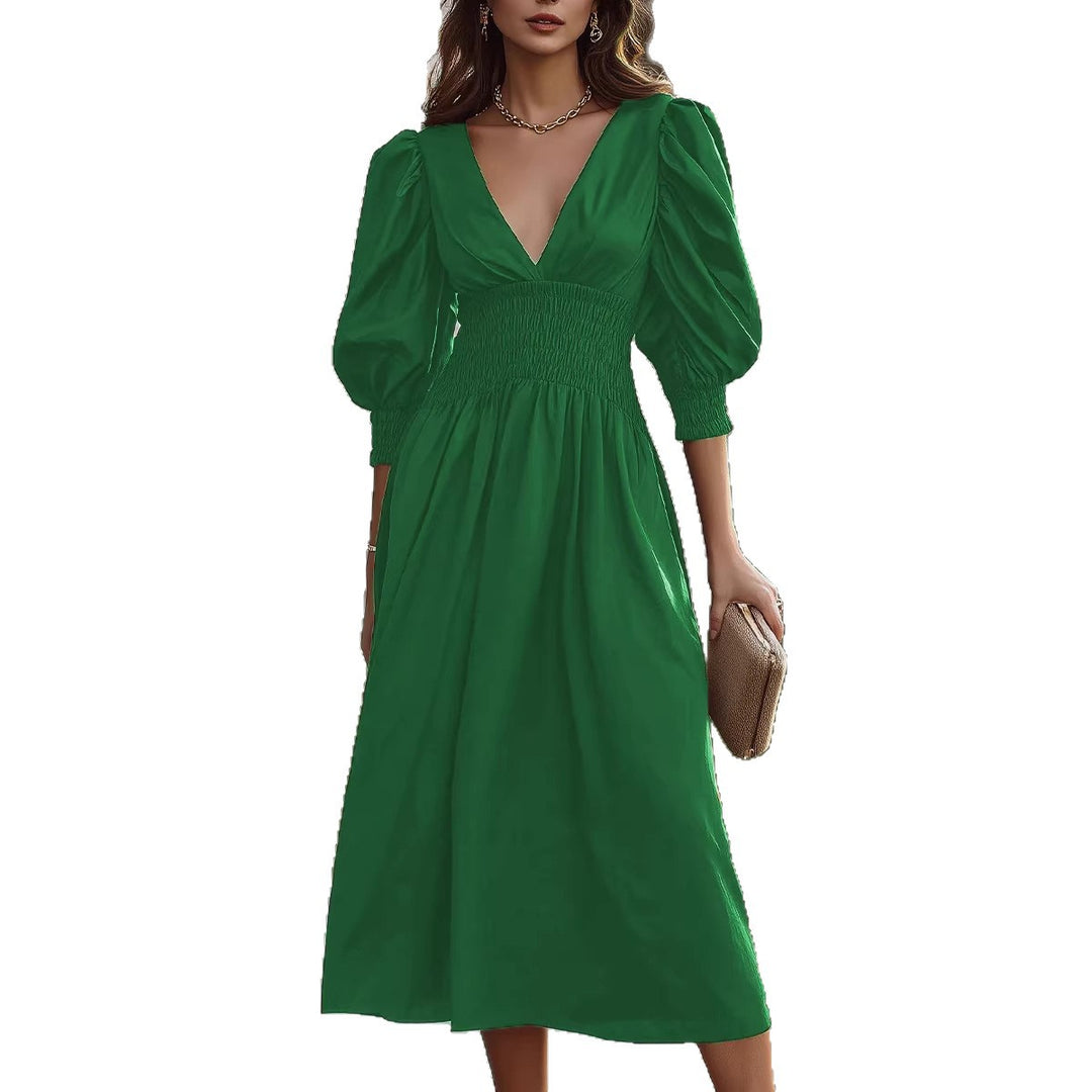 Damen Maxikleid mit schmaler Taille und Puffärmeln EB