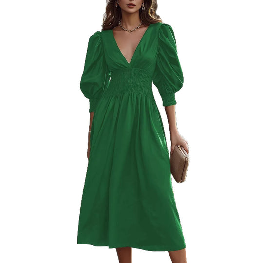Damen Maxikleid mit schmaler Taille und Puffärmeln EB