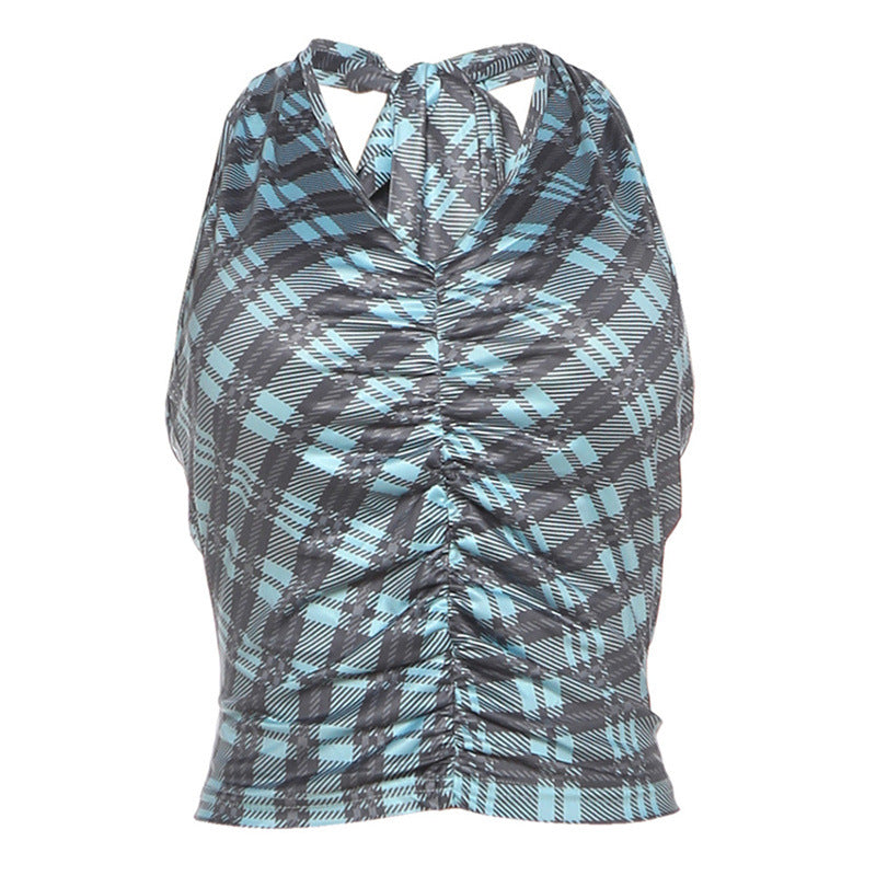Damen Crop Top mit Raffung und modischem Karo-Muster EB