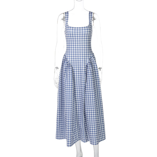 Damen Sommerliches Maxikleid mit Karo-Design und seitlichen Raffungselementen EB