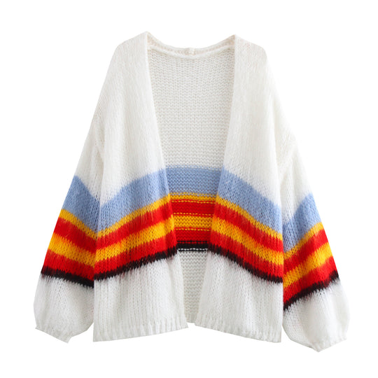 Damen Großer Strickcardigan mit buntem Streifendesign EB