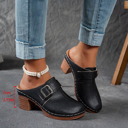 Damen Clogs mit modischem Schnallen-Design und komfortablem blockiertem Absatz EB