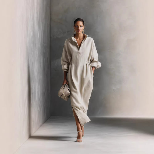 Damen stilvolles Midikleid mit Bindegürtel und klassischem Kragen EB