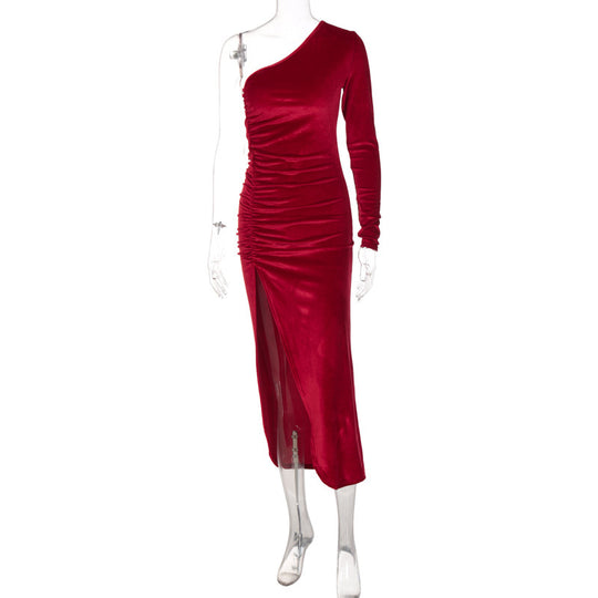 Damen stilvolles Ein-Schulter-Kleid mit Raffungen und Schlitz EB