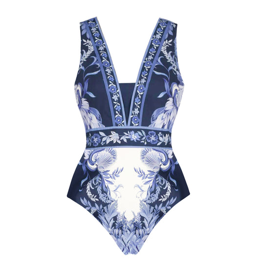 Damen Einteiler Badeanzug mit floralem Design und V-Ausschnitt EB