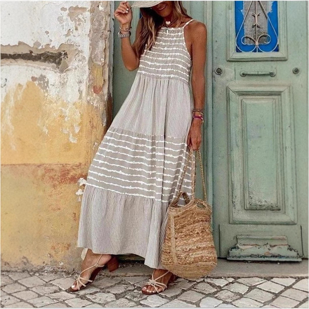 Damen Sommerliches Maxikleid mit gestreiftem Design und komfortablem Rückenausschnitt EB