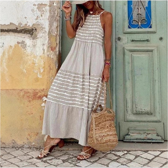 Damen Sommerliches Maxikleid mit gestreiftem Design und komfortablem Rückenausschnitt EB
