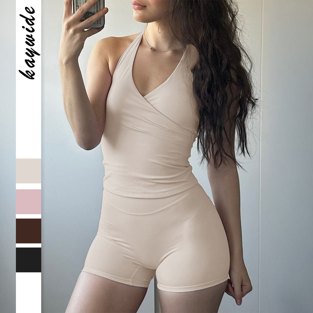 Damen Sportlicher Einteiler mit Wickeldesign und tiefem V-Ausschnitt EB