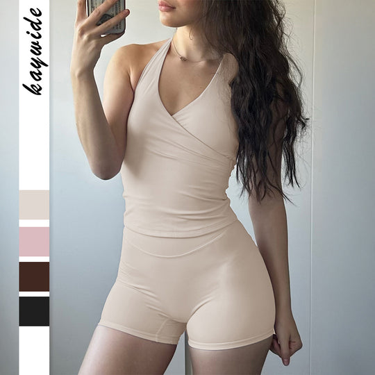 Damen Sportlicher Einteiler mit Wickeldesign und tiefem V-Ausschnitt EB
