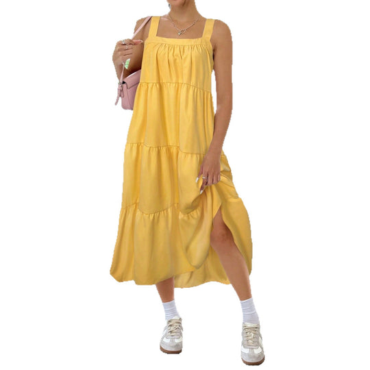 Damen luftiges Maxikleid mit Rüschendetails und seitlichem Schlitz EB