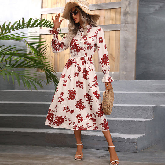 Damen Maxikleid mit floralem Print und angenähtem Bindeband EB