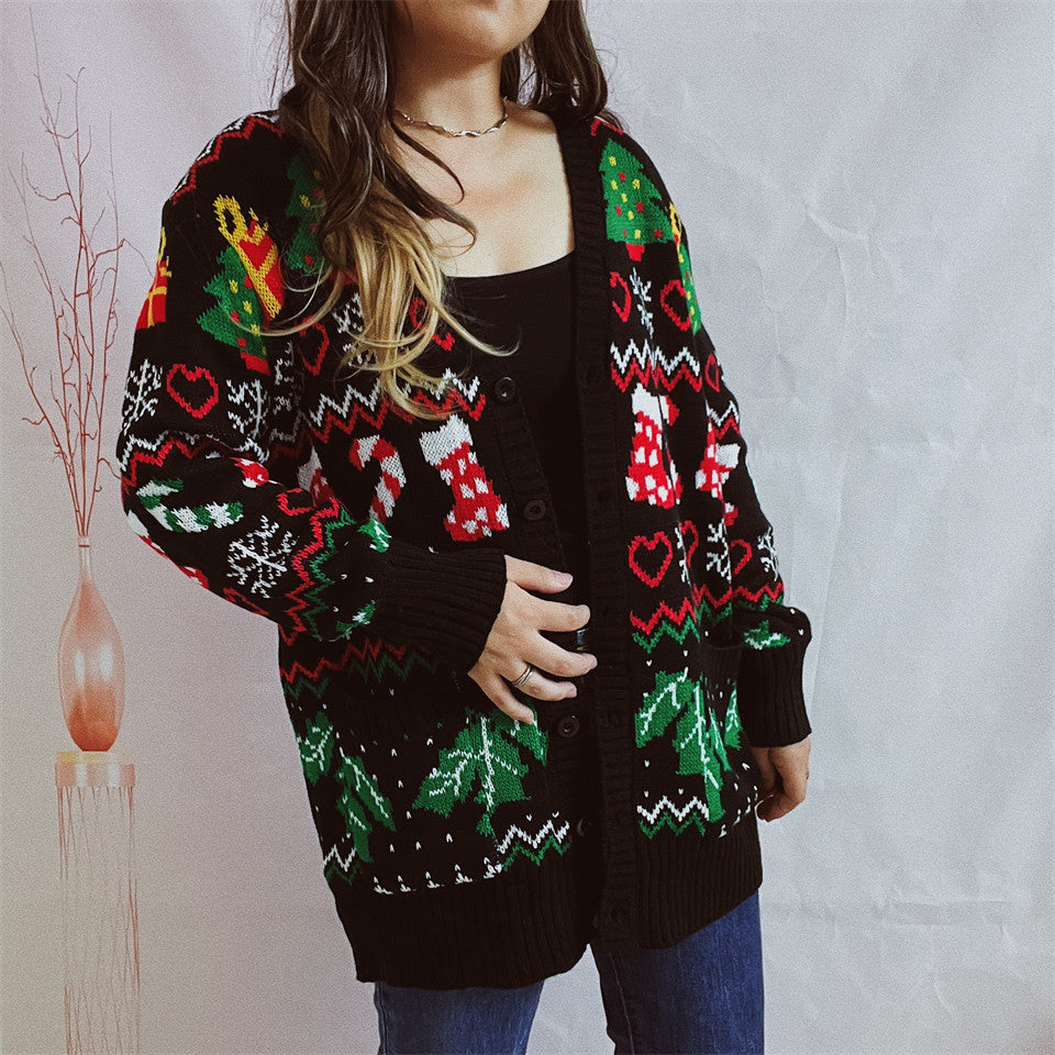 Damen Weihnachts-Strickjacke mit festlichem Design und knöpfbarem Schnitt EB