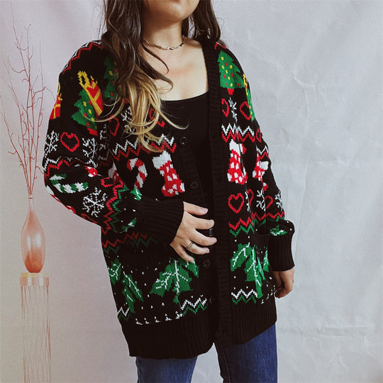 Damen Weihnachts-Strickjacke mit festlichem Design und knöpfbarem Schnitt EB
