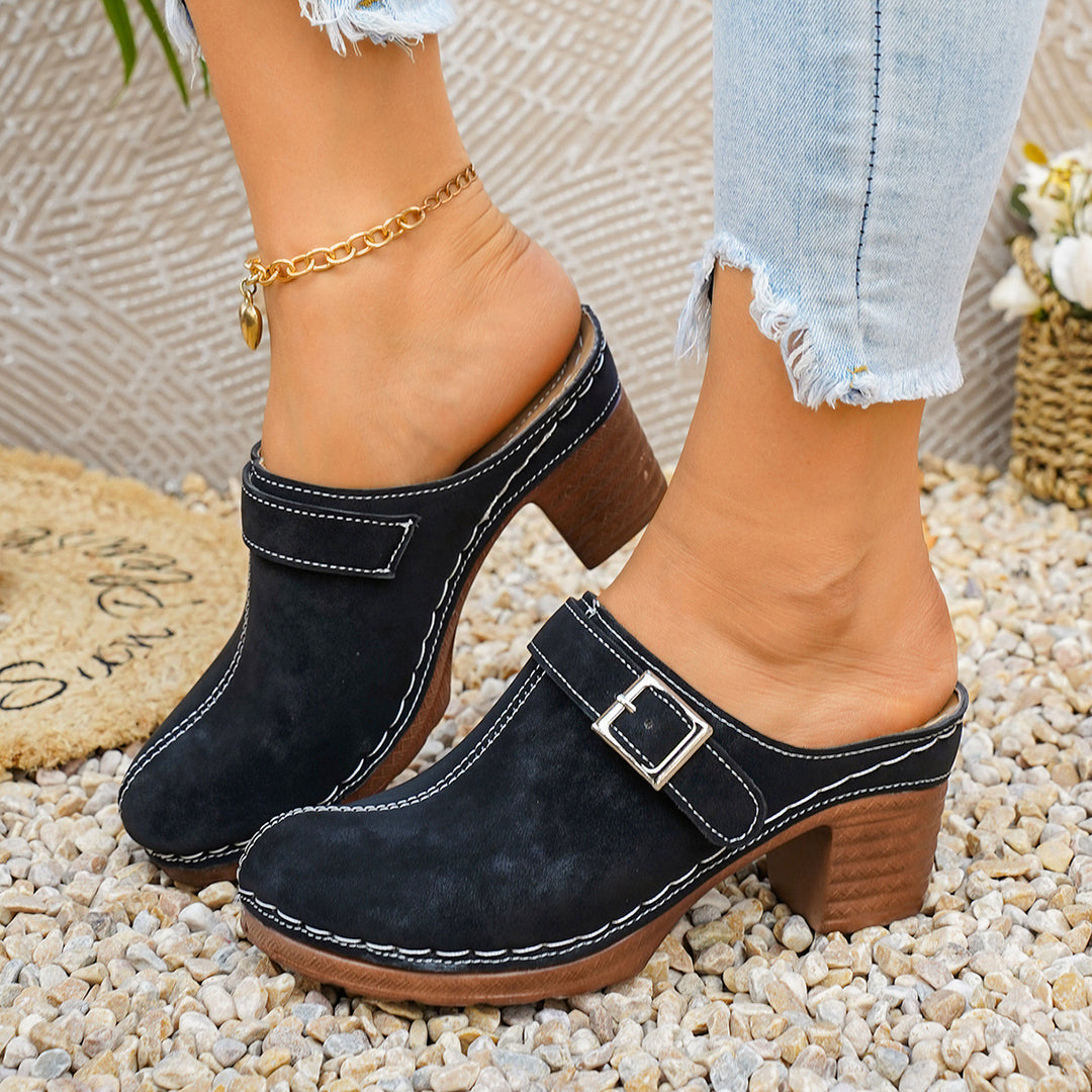 Damen Clogs mit elegantem Riemen und komfortablem Blockabsatz EB