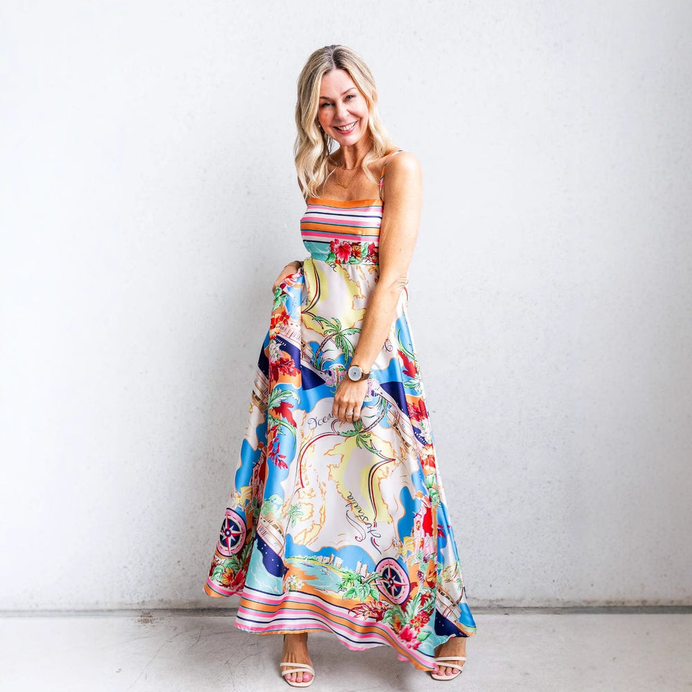 Damen Sommerliches Maxikleid mit auffälligem Grafikdesign und Spaghettiträgern EB