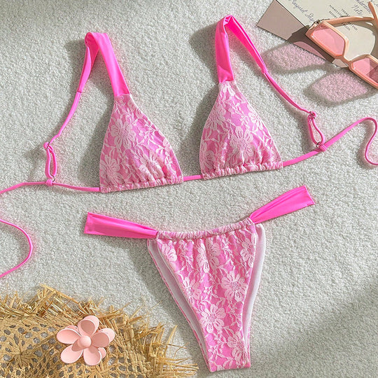 Damen Triangel-Bikini mit floralem Spandex-Muster und verstellbaren Trägern EB