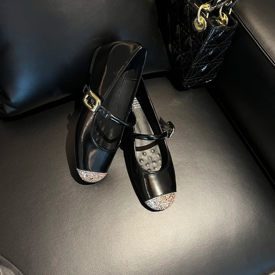 Damen elegante Ballerinas mit funkelnden Akzenten und komfortablem Blockabsatz EB