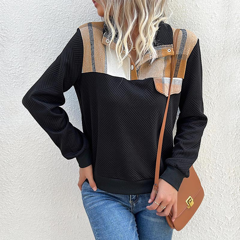 Damen lässiger Pullover mit modernem Kragen und dekorativem Patch EB