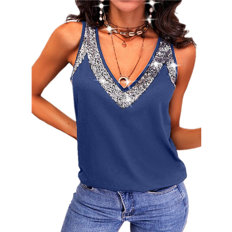 Damen Elegantes V-Ausschnitt Top mit dekorativem Spitzenbesatz EB