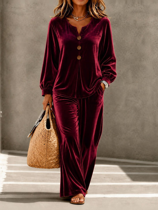 Damen nan weiches Samt Lounge-Set mit V-Ausschnitt Knopfblende und weitem Bein EB