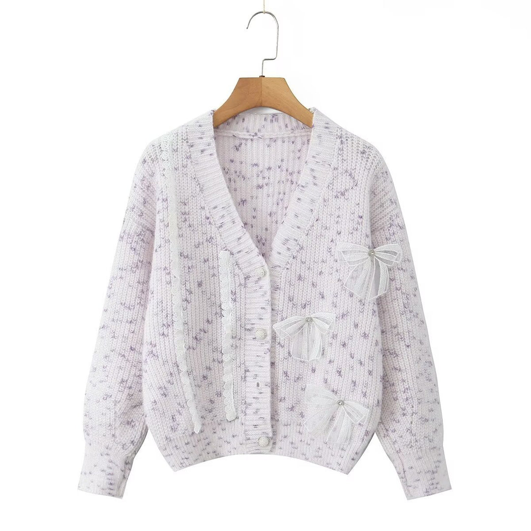 Damen Strickjacke mit dekorativen Schleifen und zartem Muster EB