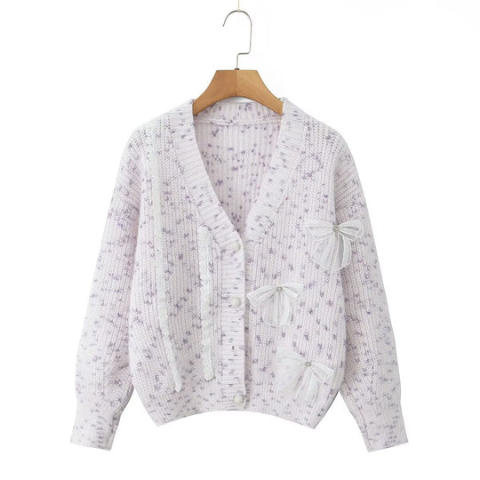 Damen Strickjacke mit dekorativen Schleifen und zartem Muster EB