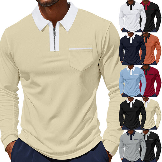 Herren nan langärmeliges Zip-Poloshirt mit Brusttasche und Kontrastkragen EB