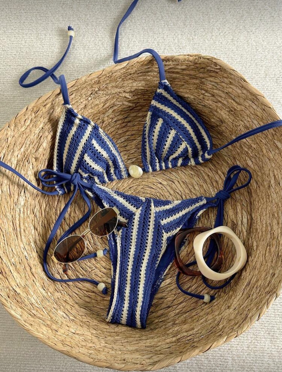 Damen Handgehäkelter Bikini mit maritimem Streifenmuster EB