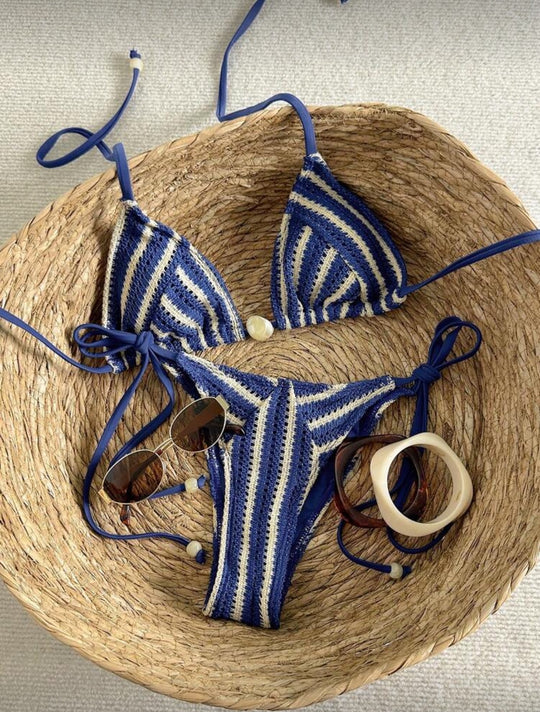 Damen Handgehäkelter Bikini mit maritimem Streifenmuster EB