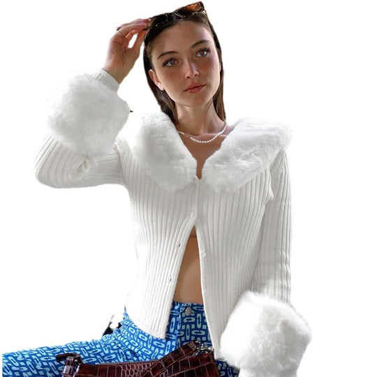 Damen Strickjacke mit luxuriösem Pelzkragen und modischen Puffärmeln EB