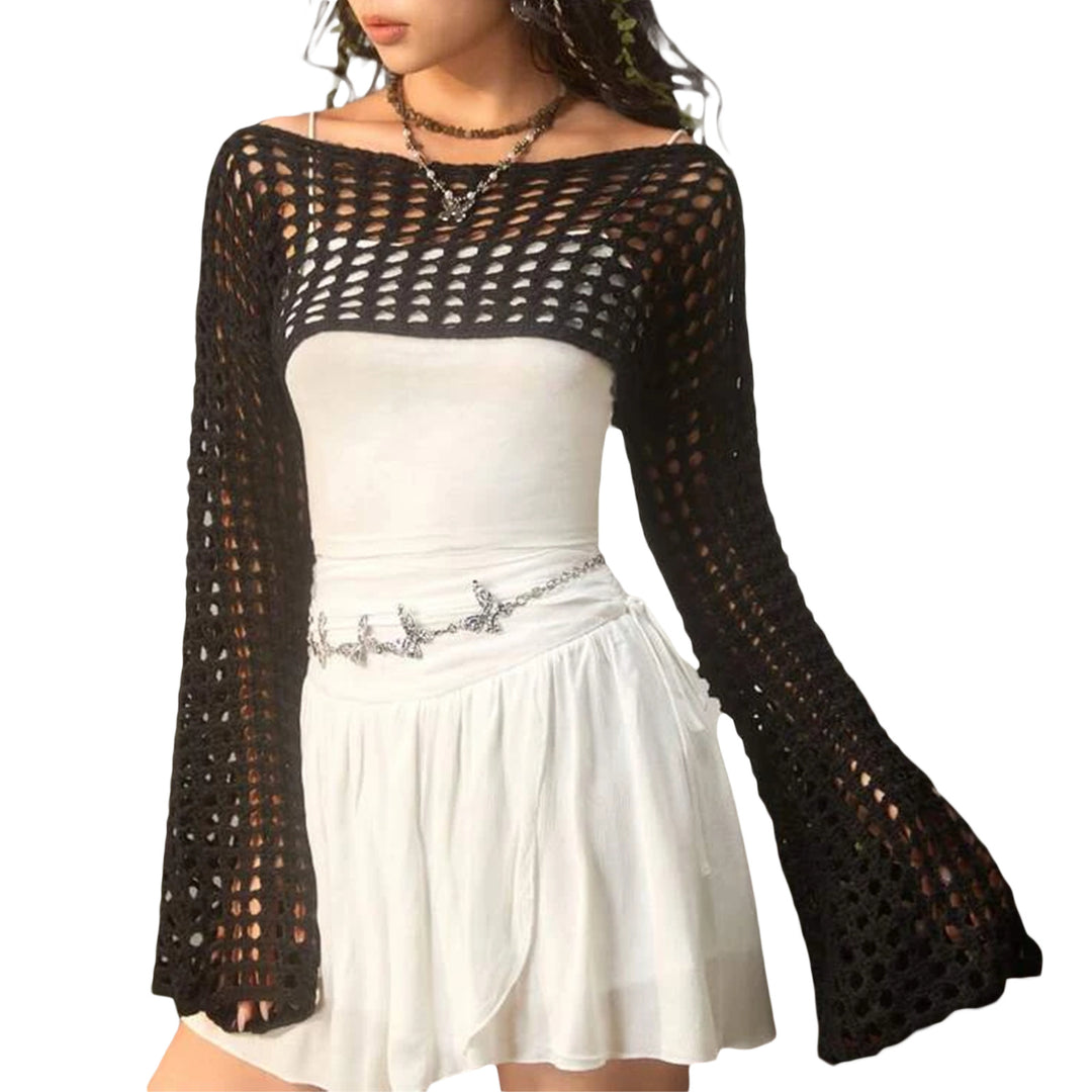 Damen luftiges gehäkeltes Crop-Top mit langen Ärmeln EB
