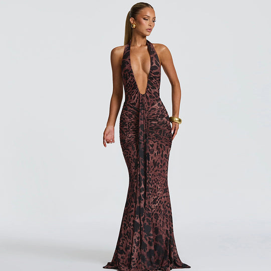 Damen Elegantes Maxikleid mit tiefem V-Ausschnitt und Raffungen EB