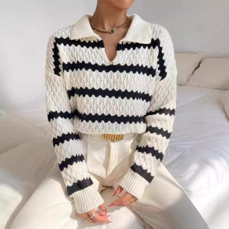 Damen Strickpullover im lässigen Stil mit strukturiertem V-Ausschnitt und hellen Akzenten EB
