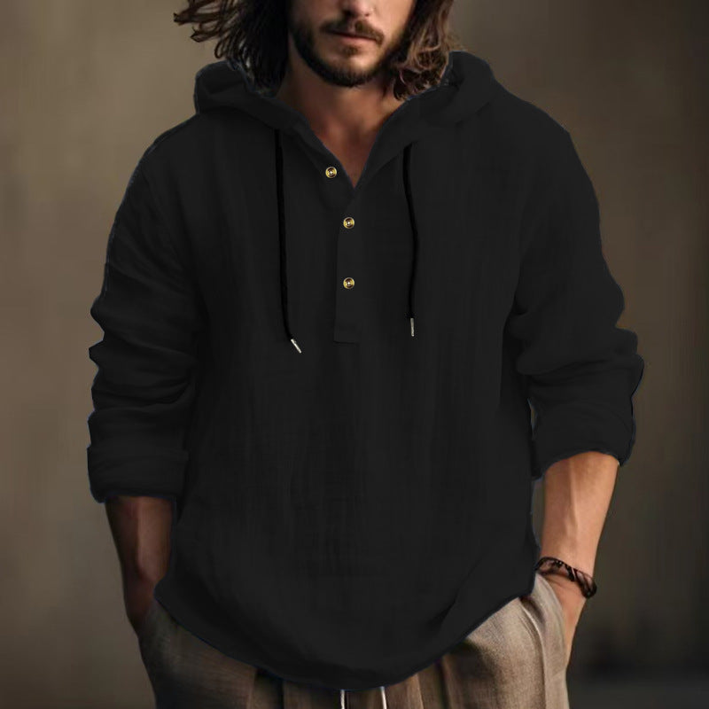 Herren nan leichtes Kapuzen-Henley Leinenhemd mit Knopfleiste und Kordelzug EB
