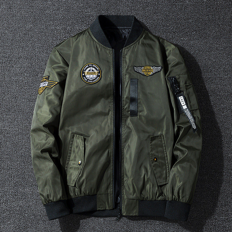 Men's  vintage aviation patch lightweight flight bomber jacket with ribbed collar and zip sleeve pocket EB
