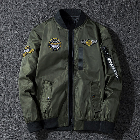 Men's  vintage aviation patch lightweight flight bomber jacket with ribbed collar and zip sleeve pocket EB