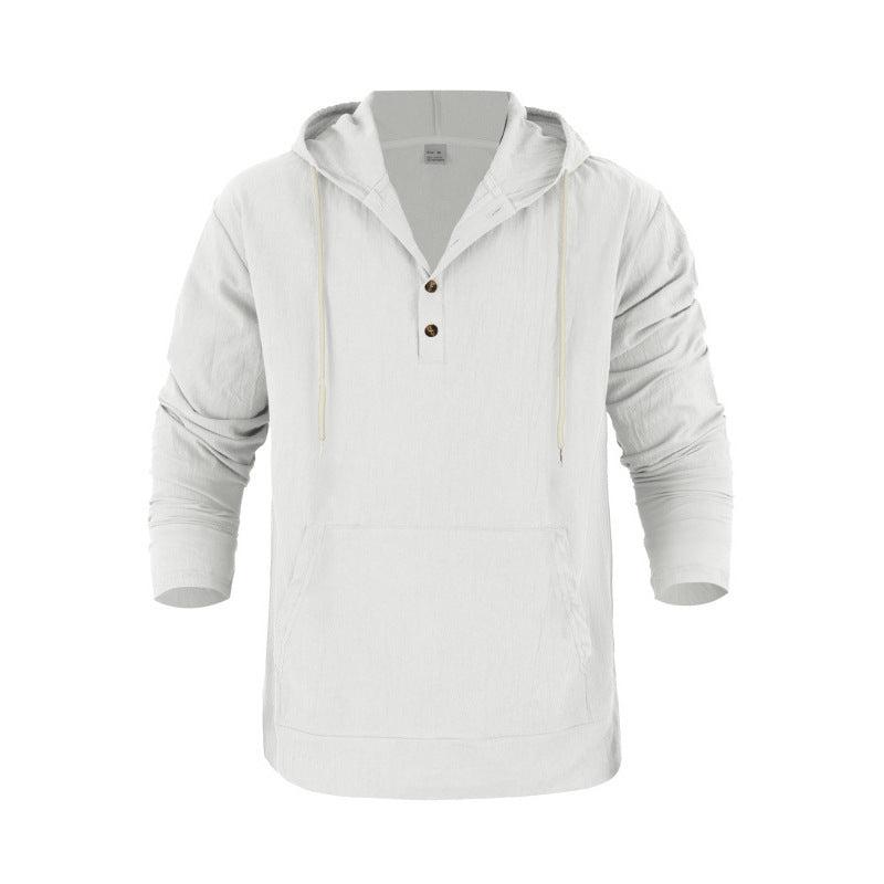 Herren nan Leinenoptik Henley-Kapuzenpullover mit Knopfleiste und Kängurutasche EB