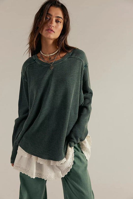 Damen Oversized Waffelstrick-Pullover mit weitem Schnitt und tiefem Raglan EB