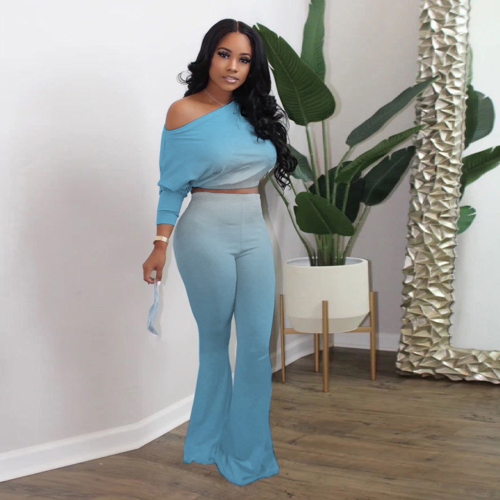 Damen Lässiges Ombre Set mit stilvollem Off-Shoulder Oberteil und figurbetonten Hosen EB