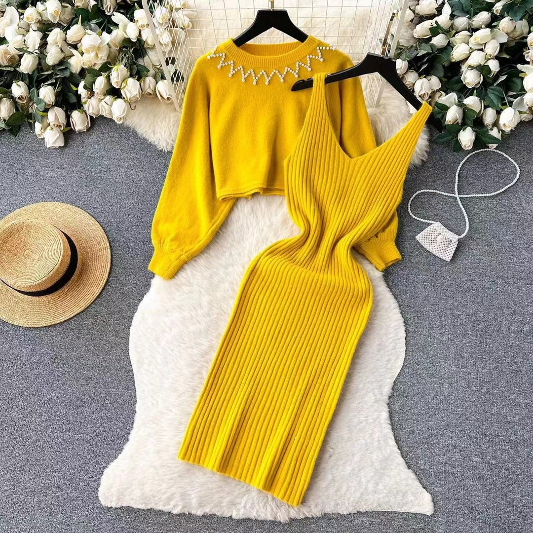 Damen Elegantes Strickkleid mit raffinierter Ribstruktur und stylischem Crop-Pullover EB