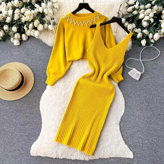 Damen Elegantes Strickkleid mit raffinierter Ribstruktur und stylischem Crop-Pullover EB
