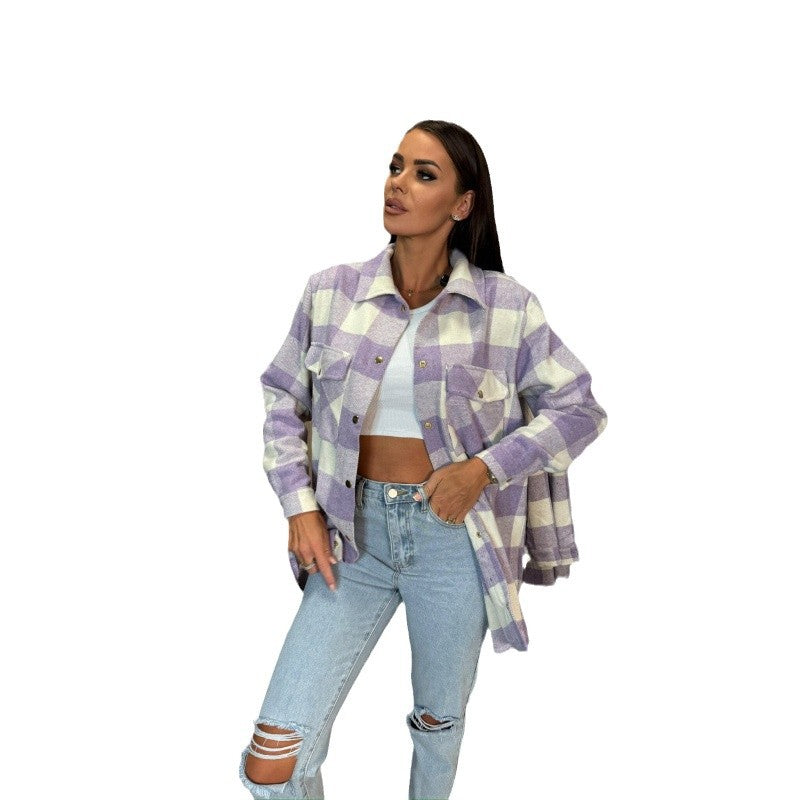 Damen Flanelljacke im modischen Karomuster mit Knopfleisten und praktischen Taschen EB