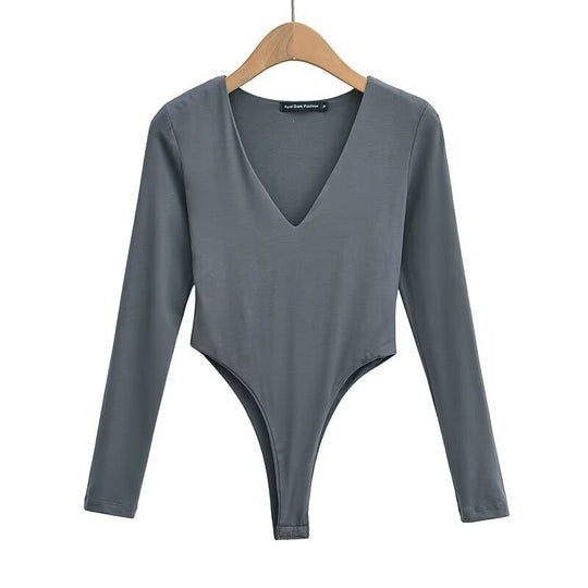 Damen figurbetontes Langarmbodysuit mit tiefem V-Ausschnitt EB