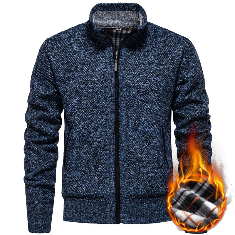 Herren nan strukturierter Strickcardigan mit durchgehendem Reißverschluss und kontrastgefüttertem Stehkragen EB