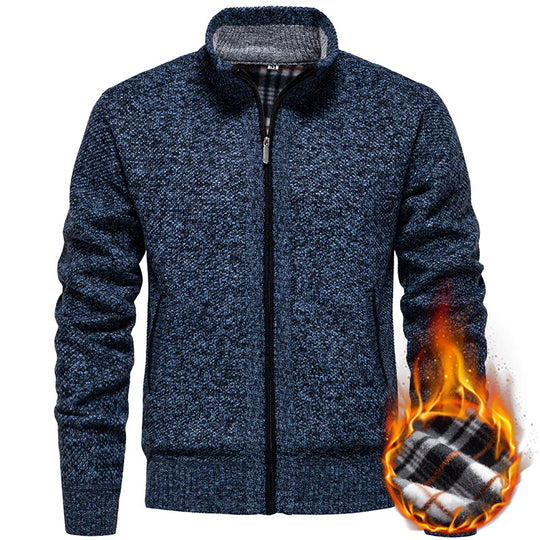Herren nan strukturierter Strickcardigan mit durchgehendem Reißverschluss und kontrastgefüttertem Stehkragen EB