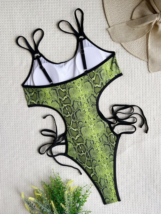 Damen Monokini mit aufregendem Schlangenprint und verstellbaren Kordeldetails EB