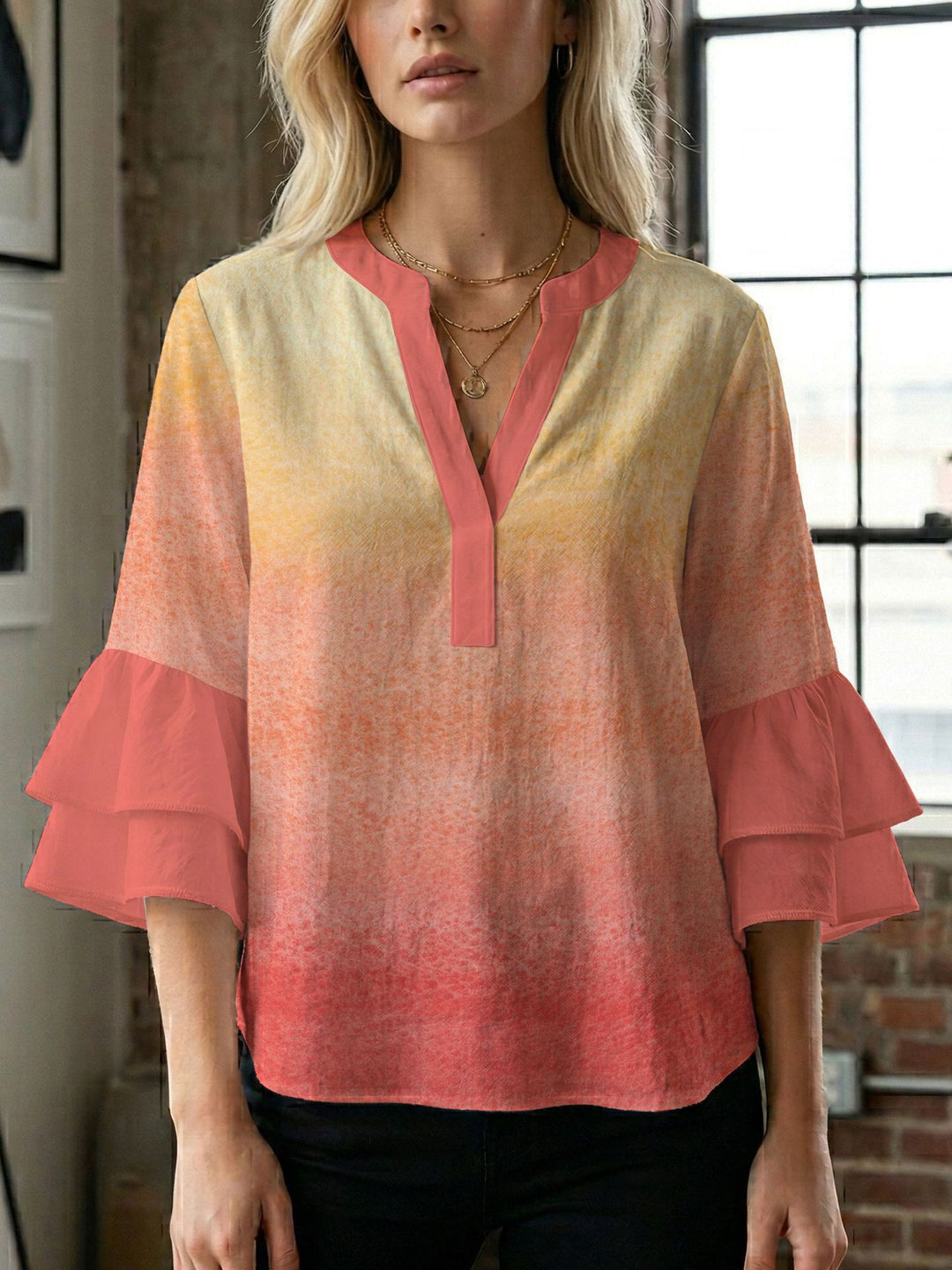 Damen Blusenshirt mit voluminösen Ärmeln und kreativem Druckdesign EB