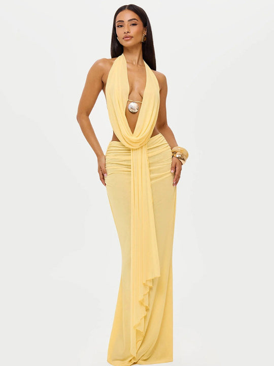 Damen Elegantes Strandkleid mit tiefem Ausschnitt und fließendem Stoff EB