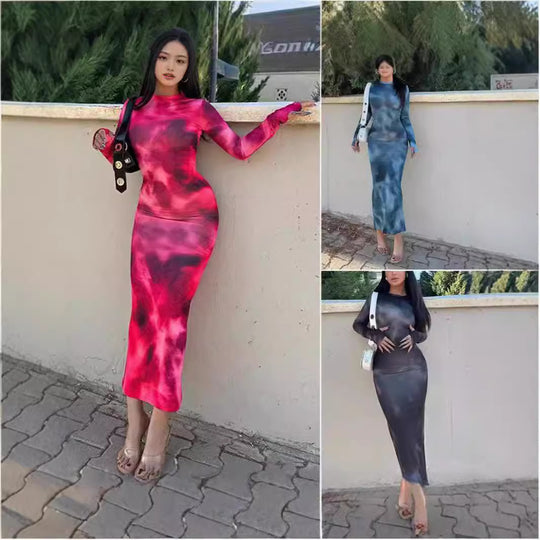 Damen figurbetontes Maxikleid mit langem Arm und modernem Batikmuster EB